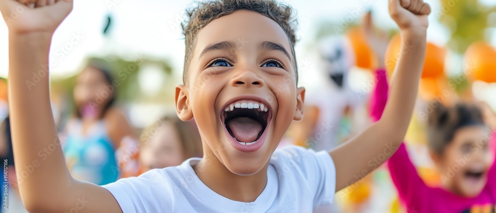 A joyful child celebrating with open arms, radiating happiness and excitement in a lively outdoor setting. A joyful child celebrating with open arms, radiating happiness and excitement in a lively outdoor setting.