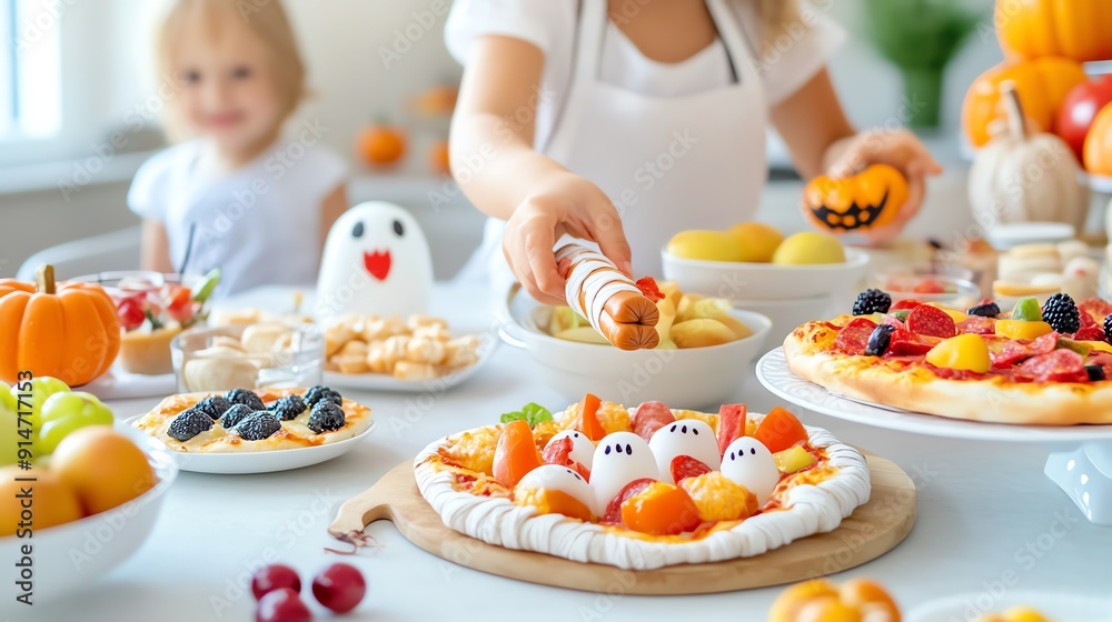 A festive autumn table decorated with creative desserts, fruits, and playful Halloween treats, perfect for family gatherings. A festive autumn table decorated with creative desserts, fruits, and playful Halloween treats, perfect for family gatherings.