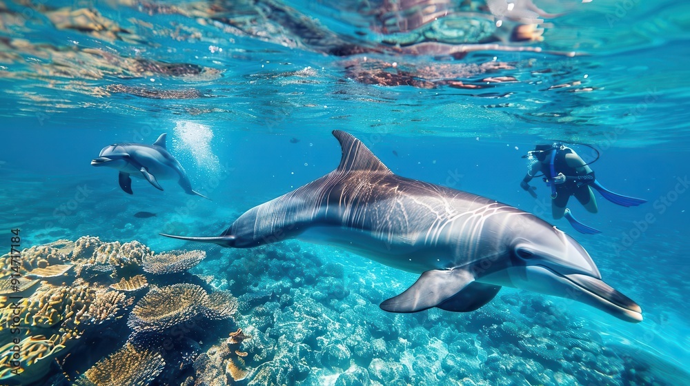 Obraz premium Dolphins swimming with snorkelers, clear blue sea, ethereal, overlay, tropical lagoon backdrop