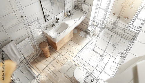 3D illustration of a modern bathroom interior sketch transforming into a real interior, top view