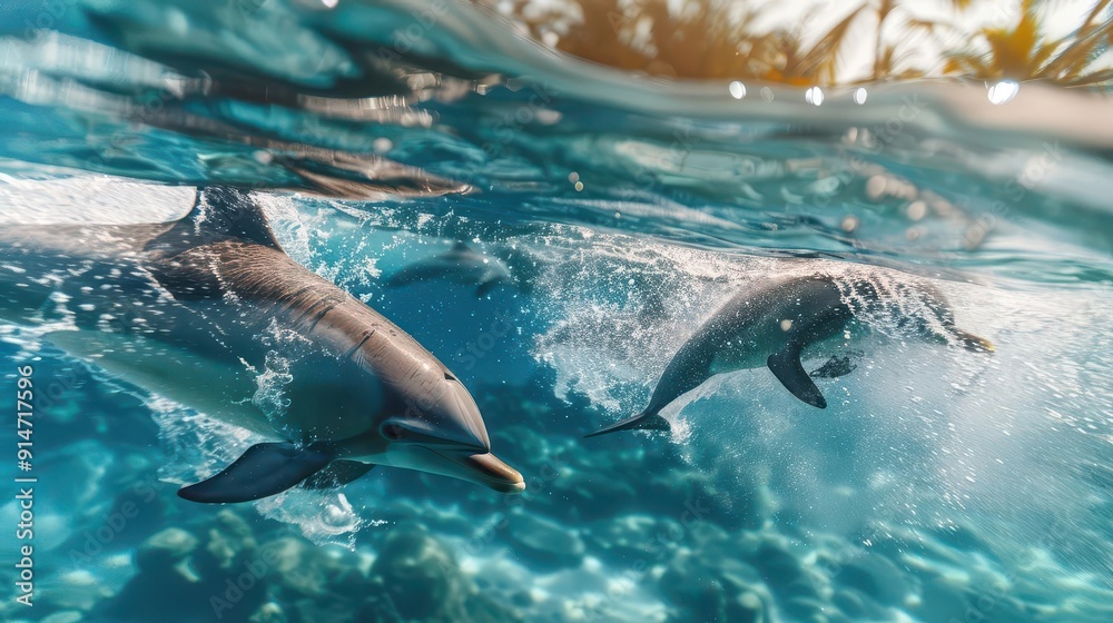 Fototapeta premium Playful dolphins jumping through waves, clear blue ocean, vibrant, double exposure, tropical island backdrop