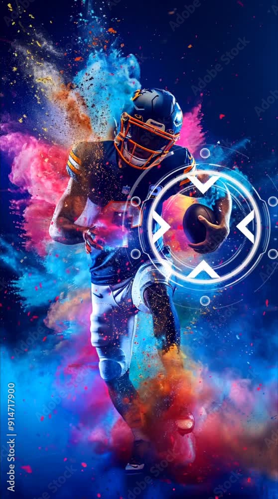 Dynamic Football Player in Action with Abstract Color Splash. Seamless looping time lapse 4k video animation background Dynamic Football Player in Action with Abstract Color Splash. Seamless looping time lapse 4k video animation background