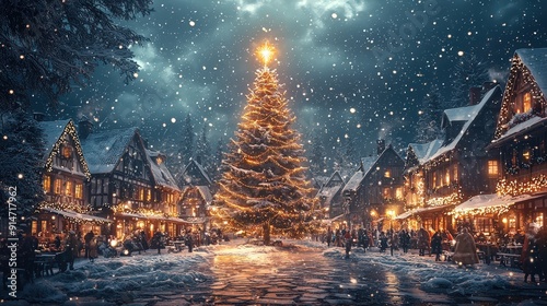 A picturesque village displays a grand Christmas tree surrounded by twinkling lights and people enjoying the winter festivities in a snowy atmosphere