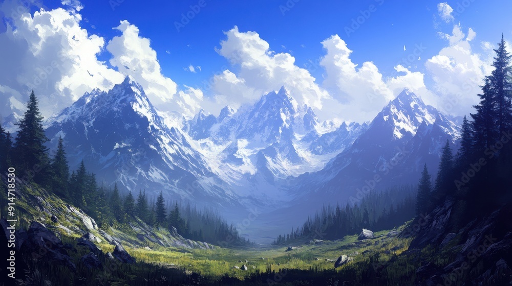 Obraz premium A tranquil mountain pass with towering peaks and a clear blue sky