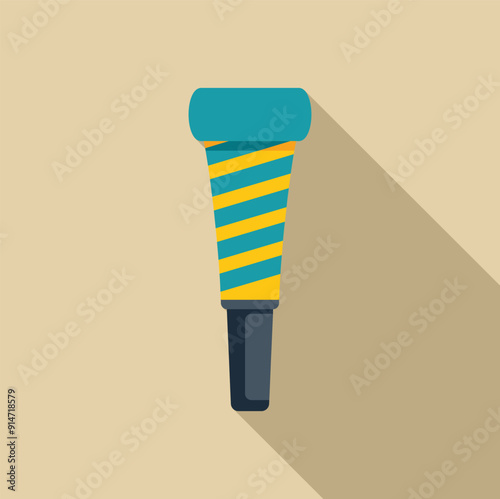 Blue and yellow party blower with long shadow on a beige background