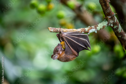 The Lesser dog-faced fruit Bat (Cynopterus brachyotis)  is eating fruit.
a small bat that lives in South Asia and Southeast Asia.