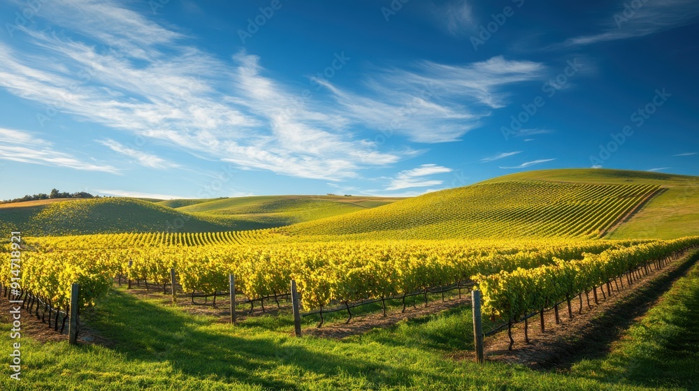 Fototapeta premium A picturesque vineyard with rolling hills and a bright blue sky