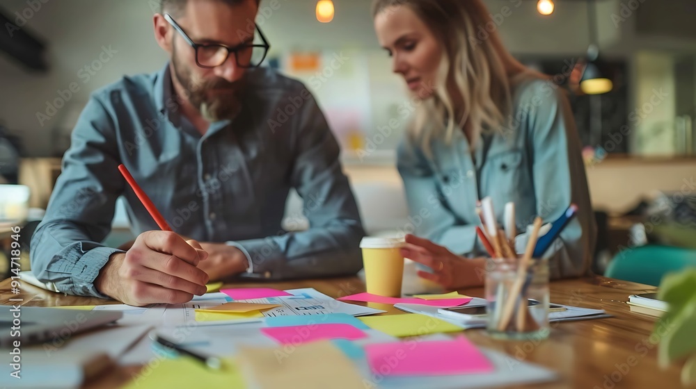 Fototapeta premium Focused Collaboration: Brainstorming and Planning with Sticky Notes