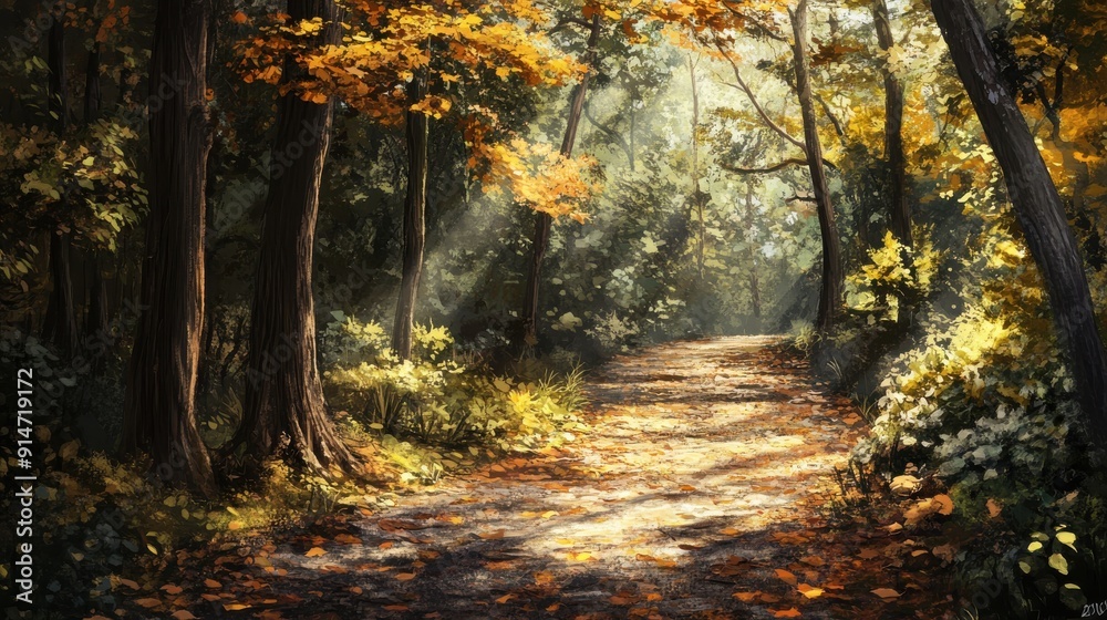 Fototapeta premium A tranquil forest path with fallen leaves and dappled sunlight