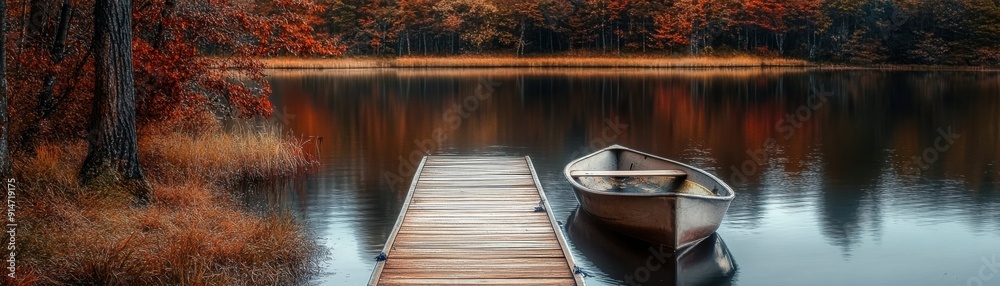 A serene lakeside view with a wooden dock and a rowboat A serene lakeside view with a wooden dock and a rowboat