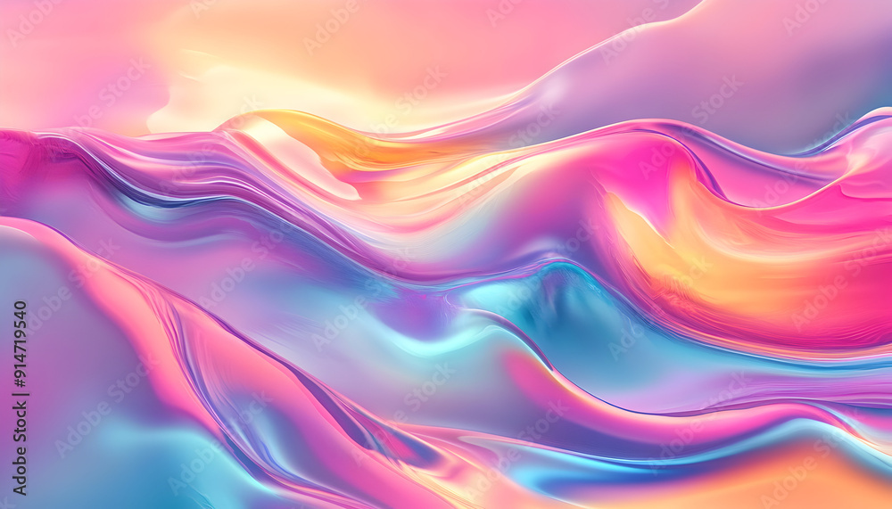 Colorful 3D fluid shape holographic gradient illustration with geometric art, poster template, and dispersion effect in 3D render