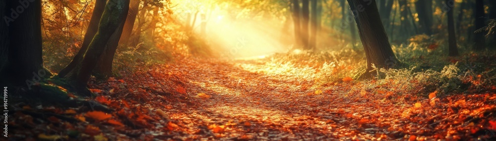 A tranquil forest path with fallen leaves and dappled sunlight A tranquil forest path with fallen leaves and dappled sunlight