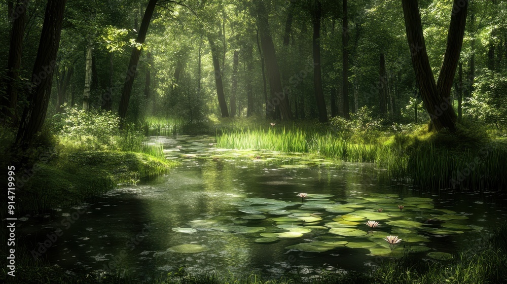Fototapeta premium A tranquil forest glade with a small pond and lily pads