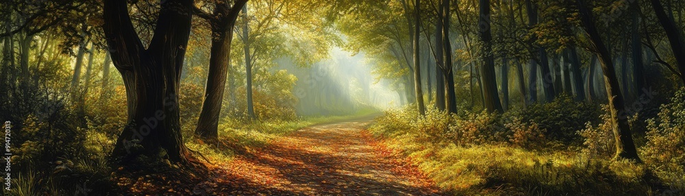 Obraz premium A tranquil forest path with fallen leaves and dappled sunlight