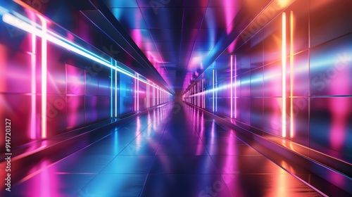 A futuristic tunnel with bright neon lights in pink, blue, and orange.