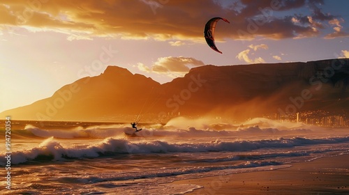 Kitesurfer at Sunset with Mountain Backdrop