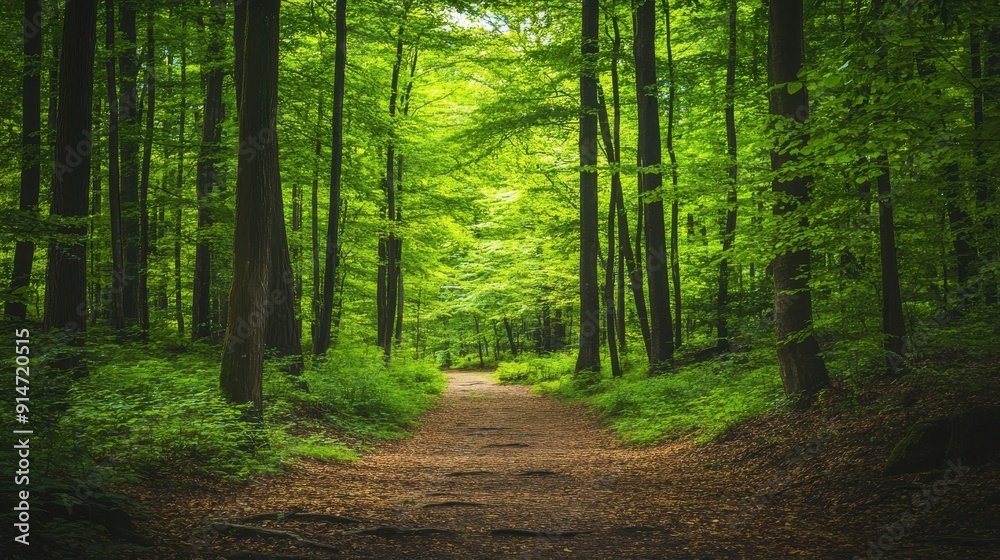 A serene forest trail with a canopy of vibrant green leaves A serene forest trail with a canopy of vibrant green leaves