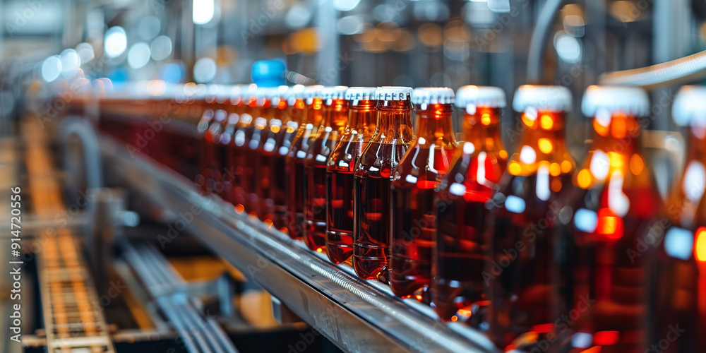 Many beverage bottles on a factory production line
