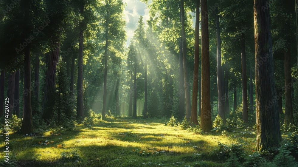 Obraz premium A serene forest clearing bathed in dappled sunlight with towering pine trees