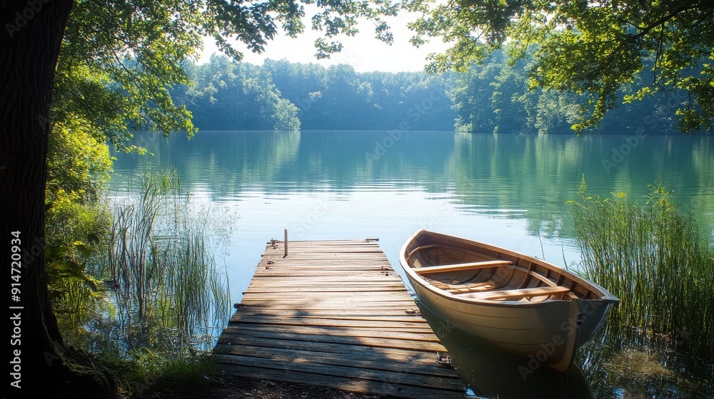 A serene lakeside view with a wooden dock and a rowboat A serene lakeside view with a wooden dock and a rowboat