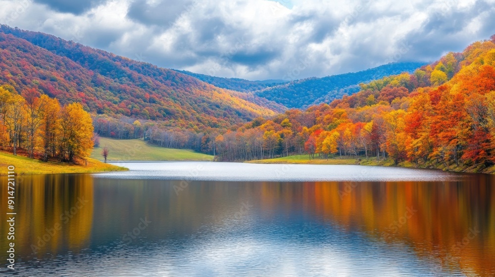 Naklejka premium A serene lake surrounded by rolling hills and vibrant autumn colors