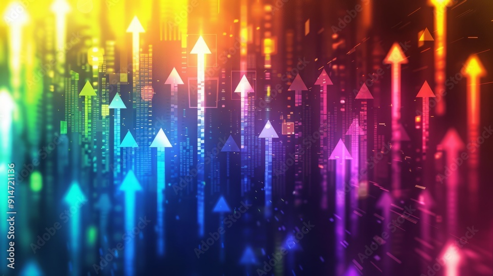 Abstract digital background with glowing arrows pointing upwards in vibrant colors. Abstract digital background with glowing arrows pointing upwards in vibrant colors.
