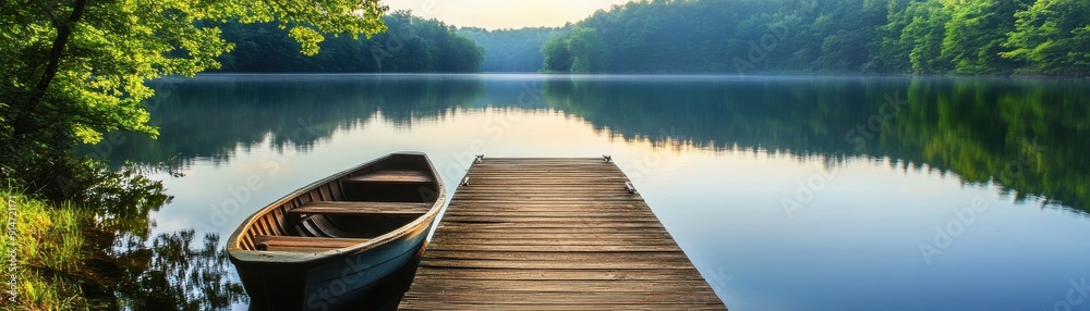 A serene lakeside view with a wooden dock and a rowboat A serene lakeside view with a wooden dock and a rowboat