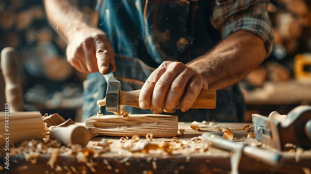 Close-up of Carpenter's Hands Shaping Wood