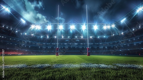 Bright Rugby Stadium Lights Illuminate Nighttime Match with Large Enthusiastic Crowd, Green Grass Field, and Rugby Goal Posts in a Photorealistic Wide-Angle View of Sports Event Atmosphere photo