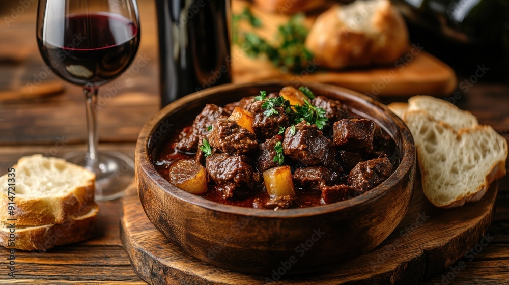 Realistic Beef Bourguignon with Bread and Wine on Wooden Table Realistic Beef Bourguignon with Bread and Wine on Wooden Table