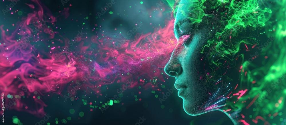 Abstract Portrait of a Woman with Green and Pink Glowing Smoke Abstract Portrait of a Woman with Green and Pink Glowing Smoke