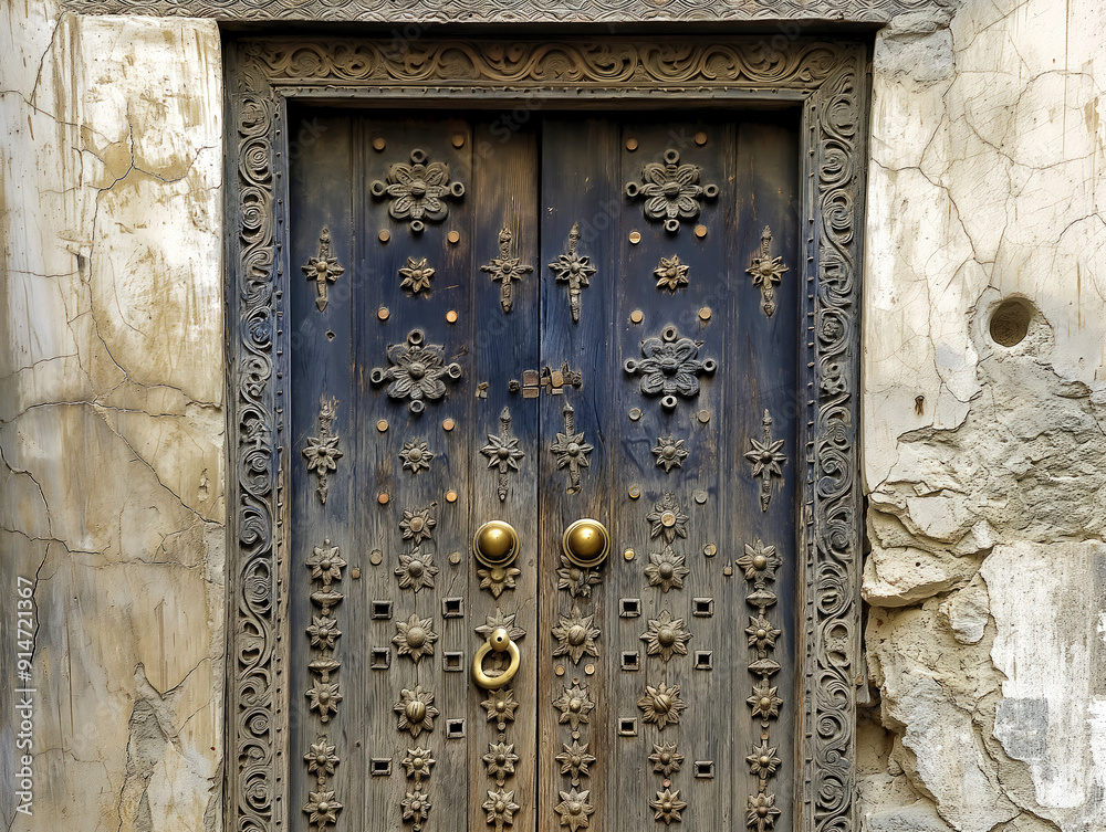 A blue door with gold hardware and a large gold doorknob. The door is ornate and has a lot of detail