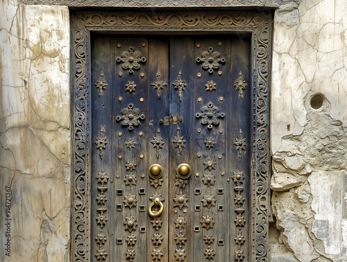 Obraz na płótnie A blue door with gold hardware and a large gold doorknob. The door is ornate and has a lot of detail w salonie
