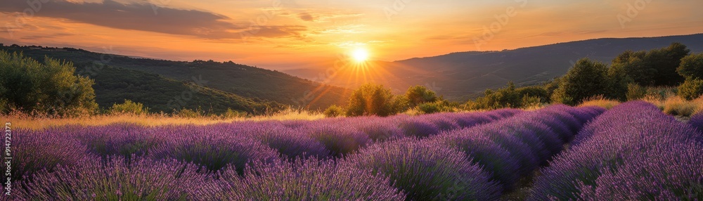 A serene lavender field in full bloom under a golden sunset in Provence A serene lavender field in full bloom under a golden sunset in Provence