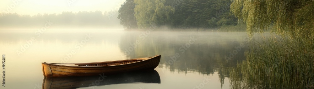 Obraz premium A serene lakeside scene with a rowboat and a misty morning