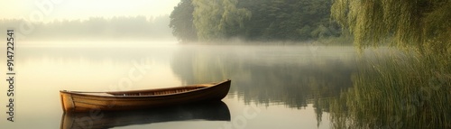 A serene lakeside scene with a rowboat and a misty morning