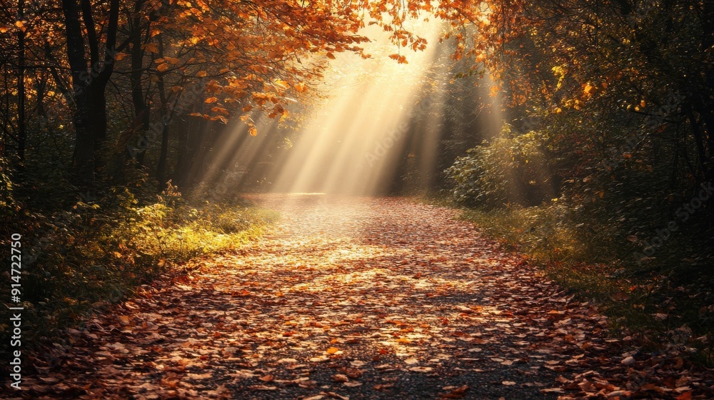 An enchanting woodland path covered in autumn leaves with rays of sunlight filtering through An enchanting woodland path covered in autumn leaves with rays of sunlight filtering through
