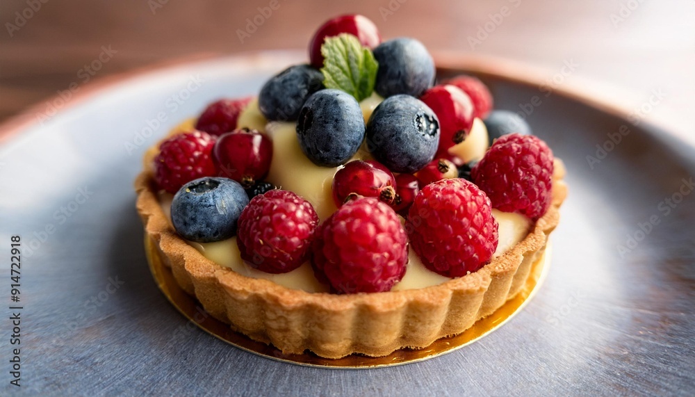 A vibrant fruit tartlet with a golden, flaky crust, filled with creamy pastry cream. Topped with juicy red currants, glossy blueberries, raspberry, mandarin slices, kiwi, and gooseberries, all coated A vibrant fruit tartlet with a golden, flaky crust, filled with creamy pastry cream. Topped with juicy red currants, glossy blueberries, raspberry, mandarin slices, kiwi, and gooseberries, all coated