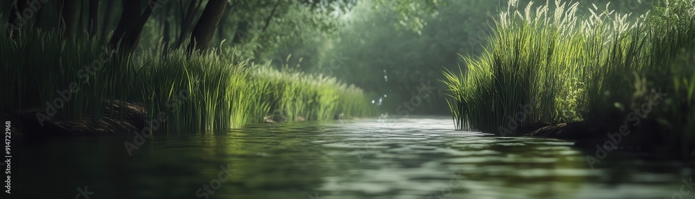 A tranquil river scene with tall grasses and a gentle current