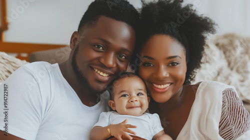 African-American couple, mother and father holding infant daughter, traditional nuclear family concept, copy space
