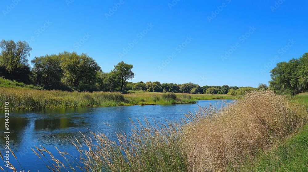 A tranquil riverbank with tall grasses and a clear blue sky A tranquil riverbank with tall grasses and a clear blue sky
