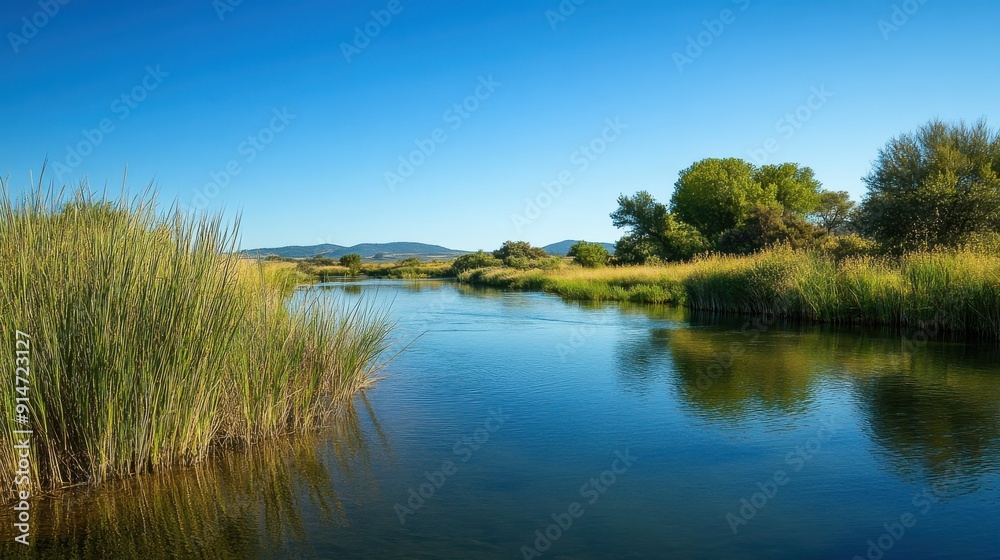 A tranquil riverbank with tall grasses and a clear blue sky A tranquil riverbank with tall grasses and a clear blue sky