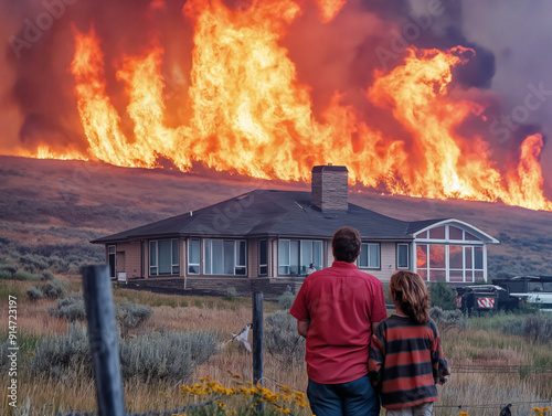 A man and a child are standing in front of a house that is on fire. The fire is very large and is spreading quickly. Scene is one of fear and danger, as the family is in a dangerous situation