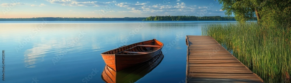 Obraz premium A serene lakeside view with a wooden dock and a rowboat