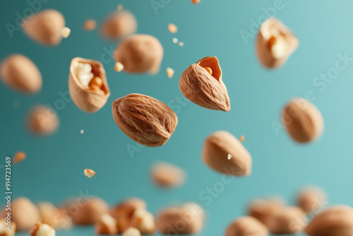 dynamic scene of falling nuts with pieces on teal background