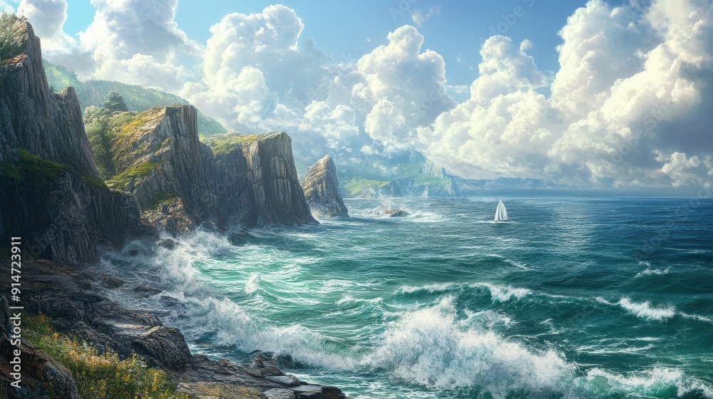 A picturesque coastal scene with rugged cliffs and crashing waves A picturesque coastal scene with rugged cliffs and crashing waves
