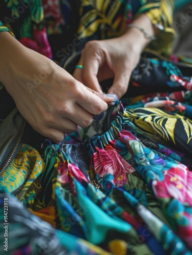 Close up of hands adjusting fabric with floral print.