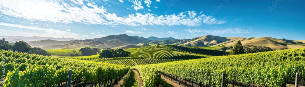 A picturesque vineyard with rolling hills and a bright blue sky A picturesque vineyard with rolling hills and a bright blue sky
