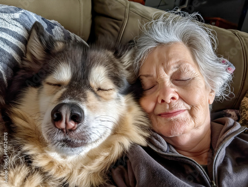 A woman and her dog are sleeping together on a couch