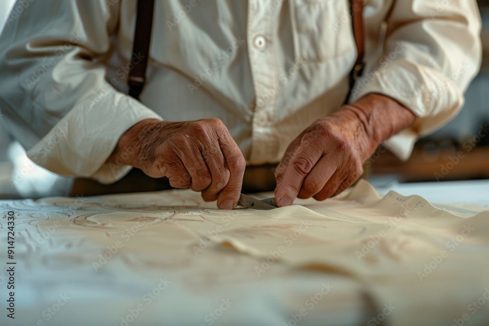 Close up of hands cutting fabric with scissors. Close up of hands cutting fabric with scissors.